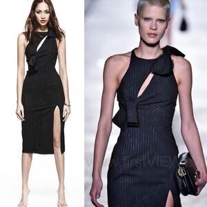 Versace Runway Dress Cut Out Pencil Midi Wool Silk Pinstripe Cocktail Slit 2016